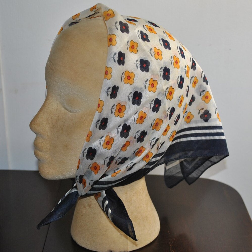 Vintage Sheer White Scarf with Blue & Yellow Flowers